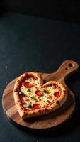 Vertical Banner of pizza in the shape of a heart on a dark background with space for text. photo