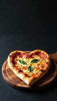 Vertical Banner of pizza in the shape of a heart on a dark background with space for text. Template, blank photo