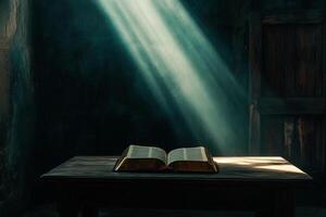 Open book illuminated by sunlight rays in dark room photo