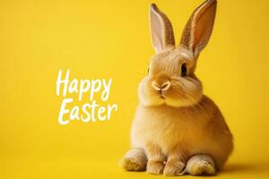 Rabbit and Happy Easter text on Yellow Background photo