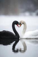 Black and white swans, create heart shape with their necks photo