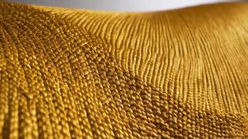 Abstract wave background featuring a braided wheat straw texture effect, vibrant golden yellow intertwined strands creating a natural and detailed pattern, rendered in 3d video