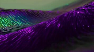 Abstract flowing wave with glossy starling feather texture, featuring deep purple tones and green iridescence for a vibrant, exotic effect video