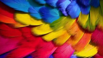 Beautiful abstract wave background with vivid macaw feather texture effect, bright red, yellow, and blue stripes, rendered in 3d video