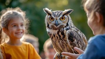 An owl gazing confidently, smiling children observe it up close. Festival of Owls Week, Biodiversity photo