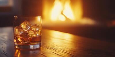 Glass of whiskey with ice, fireplace in the background. Bootleggers Day, wide banner with copy space photo