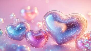Iridescent hearts with glittering chrome textures floating in a pastel pink palette. Valentines Day photo