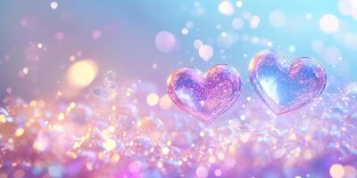 Glittery hearts in sparkling backdrop in blue and pink hues. Valentines Day wide banner, copy space photo