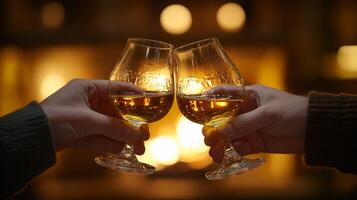 Two whiskey glasses raised in toast, golden lights backdrop with fireplace. Scottish Burns Night photo