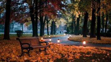 Lofi Autumn Background Park Bench Scene with Golden Leaves and Softly Glowing Lanterns. Relaxation and Tranquility Concept. photo