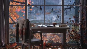 Cozy fall study room with lofi aesthetic and picturesque window view of autumn foliage. Inviting atmosphere concept photo