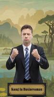 Businessman in suit practicing kung fu to find balance amidst corporate stress. Work-life balance concept photo