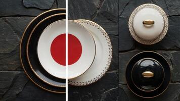 Elegant Setting with Gold-Accented Dinnerware and a Striking Red Centerpiece. Perfect for Food Photography and Lifestyle Content. Culinary Presentation Concept. photo