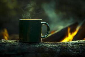 Enjoying a warm drink beside a crackling campfire at dusk in a serene outdoor setting photo