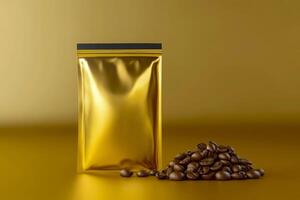 Coffee beans packaged in shiny gold foil on a golden background, showcasing a rich and vibrant presentation photo