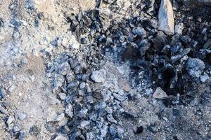 The surface of burnt wood and coal as the remains of a campfire. photo