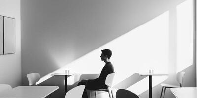 Solitary man sitting in modern minimalist cafe, shadows play on white walls, creating a serene, introspective mood, light and shadow concept photo