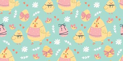 Happy Easter pattern with chicken and easter eggs vector