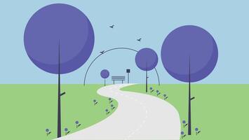 A scenic minimalist illustration of a winding pathway lined with stylized purple trees, leading to a park bench under an arch with birds flying in the sky vector