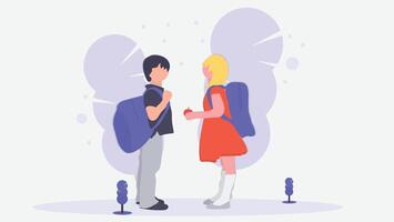 two children, a boy and a girl, standing and facing each other vector