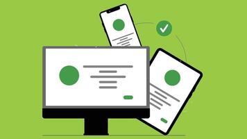 desktop app screen with mobile device and tablet flat illustration vector