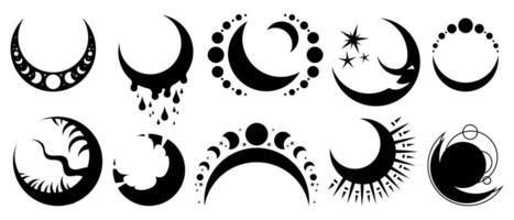 Flat icon set of different moon illustrations. Symbols of astrology, alchemy, boho, and magic. Prints for T-shirts, decoration, and design. illustration isolated on white background vector
