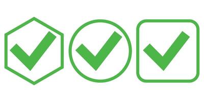 collection of green ticks with round, square, hexagon outlines vector