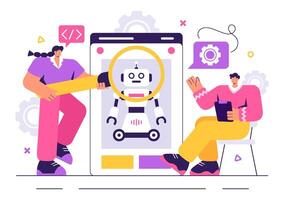 Illustration of an AI Robot Processing Digital Data for Programming and Data Science vector