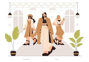 Trendy Fashion Show Illustration of Models Strutting on a Runway in a Flat Style Cartoon Background vector