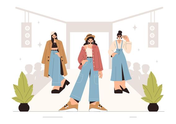Runway Fashion Illustration Featuring Stylish Female Models on a Catwalk Ramp in a Modern Show Setting