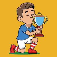 a cartoon boy kneeling down with a trophy vector