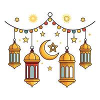 islamic lanterns with stars and crescent vector