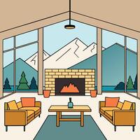 a living room with a fireplace and mountain view vector