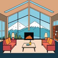 a cartoon illustration of a living room with a fireplace and mountain view vector