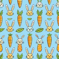 a pattern with carrots and rabbits on a blue background vector