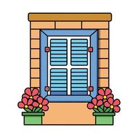 window with flowers and shutters on a brick wall vector
