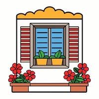 a window with flowers and a plant on the side vector