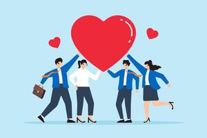 Flat illustration of business people hold large heart symbolizing gratitude and appreciation for sharing success vector