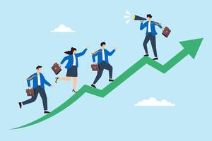 Flat illustration of businessman with megaphone motivate employee to walk up arrow symbolizing career inspiration vector