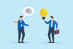Flat illustration of confused businessman with messy thought receive lightbulb solution from colleague solving problem vector