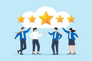 Flat illustration of customer give 5 star rating symbolizing feedback for best quality and satisfaction vector