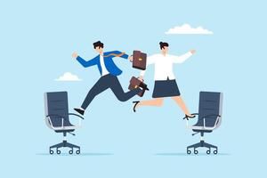 Flat illustration of businessman and businesswoman jump onto office chair symbolizing job rotation for new skill and responsibility vector