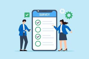 Flat illustration of man and woman using smartphone to fill in online survey checklist symbolizing internet feedback vector