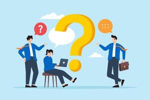 Flat illustration of business people ask question and give answer symbolizing teamwork and problem solving through FAQ discussion vector