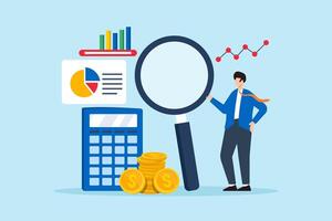 Flat illustration of businessman using magnifier to plan budget with calculator coin and chart symbolizing financial management vector