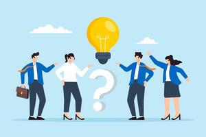 Flat illustration of business people stand with question mark and lightbulb symbolizing QA session to solve problem vector