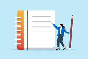 Flat illustration of young woman holding pencil write notebook symbolizing taking note for study and productivity vector