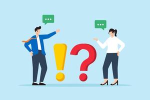 Flat illustration of businessman and businesswoman discuss question mark and exclamation mark with speech bubble symbolizing problem solving through FAQ vector