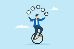 Flat illustration of businessman juggling checkbox while balancing on unicycle symbolizing task management and productivity vector