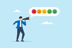 Flat illustration of man shout on megaphone with satisfaction emoticon symbolizing customer survey to evaluate service quality vector